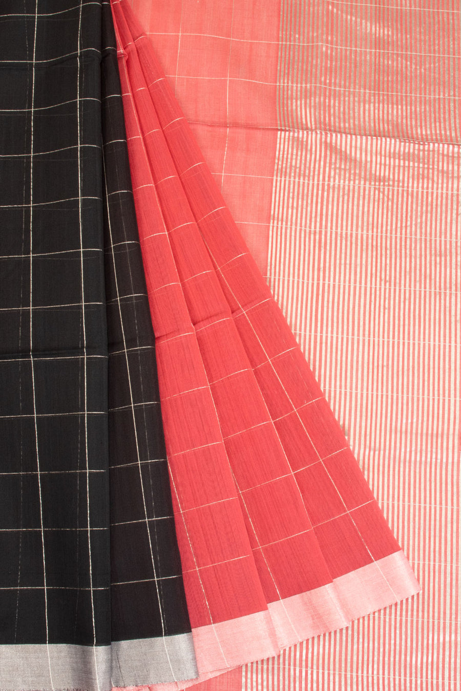 Black & Red Chanderi Half & Half Silk Cotton Saree