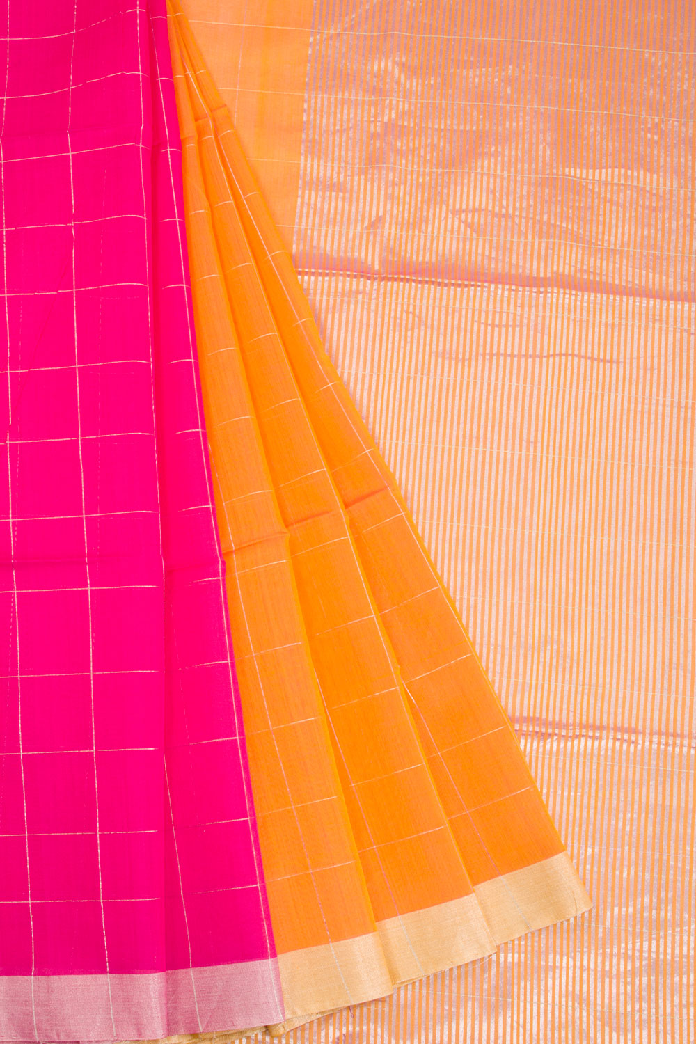 Pink & Yellow Chanderi Half & Half Silk Cotton Saree 