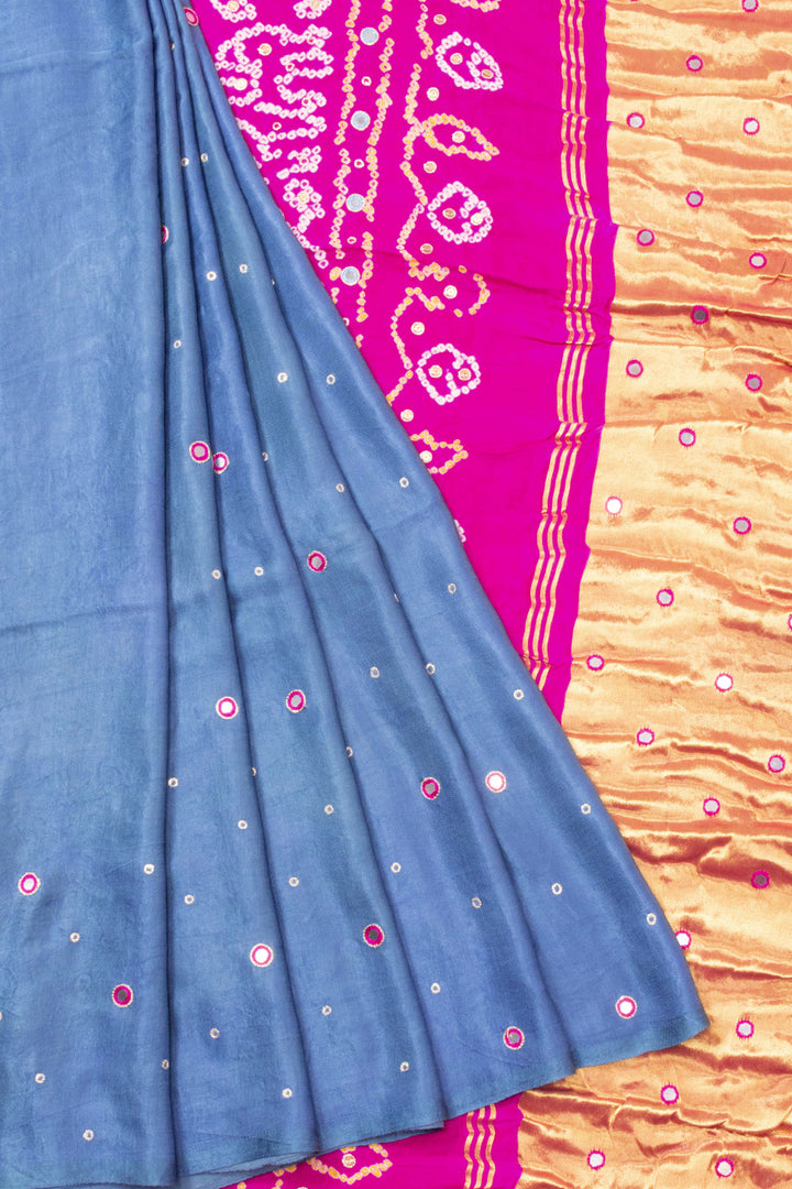 Bluish-grey Bandhani Gajji Silk Saree with Lagdi Patti Zari Pallu 10073074