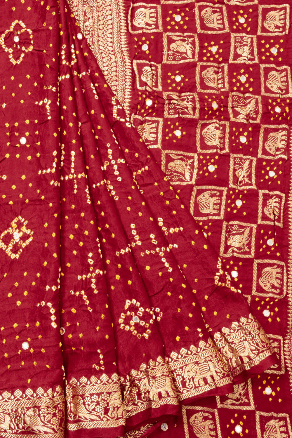 Red Bandhani Gajji Silk Saree with Mirror and Zari Embroidery 10073075