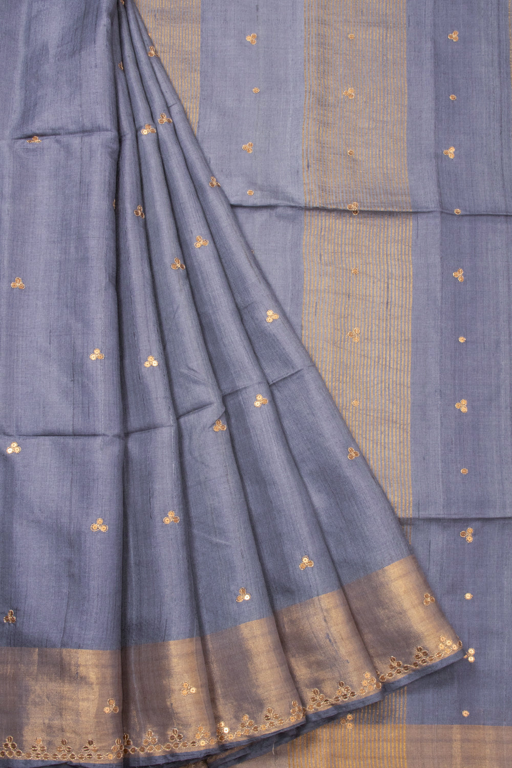 Grey Tussar Silk Saree With sequins kangri and 3 dot Butti 10073090