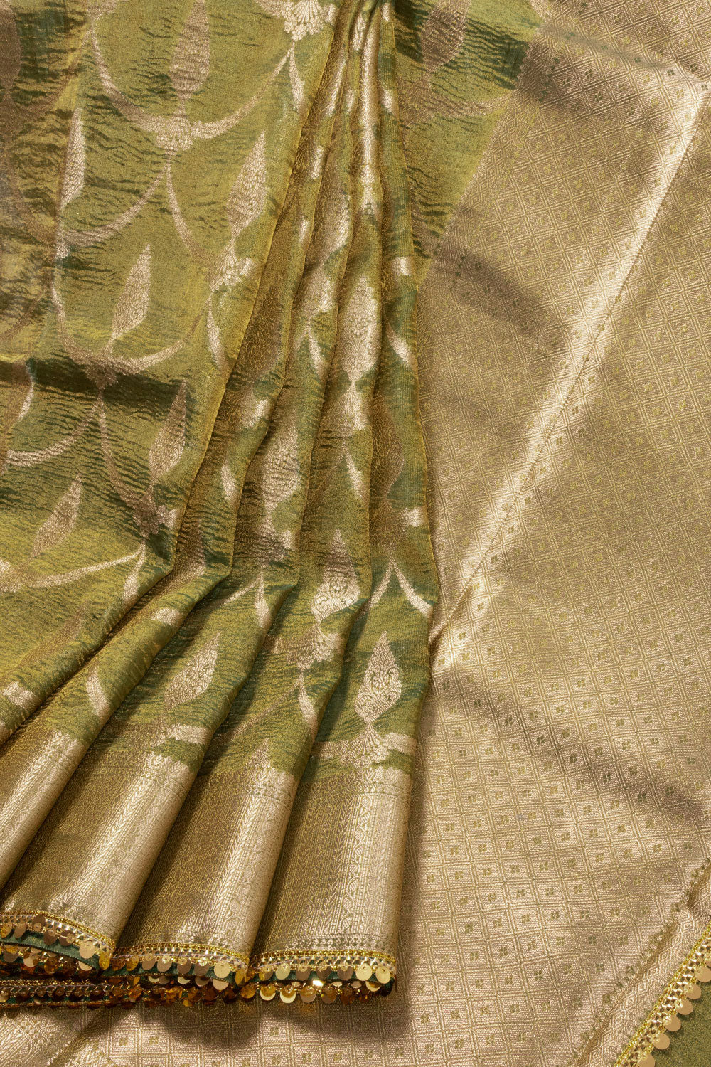 Green Banarasi Tissue Organza Saree With Sequin Border