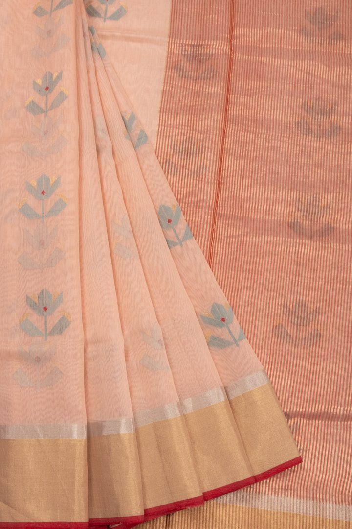 Peach Handloom Printed Chanderi Silk Cotton Saree