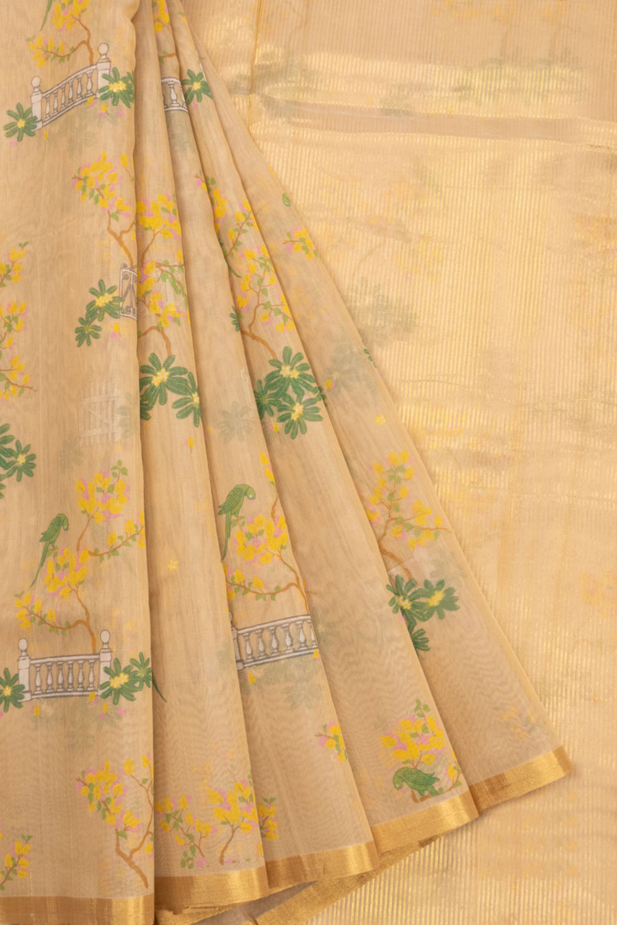 Sandal Handloom Printed Chanderi Silk Cotton Saree 