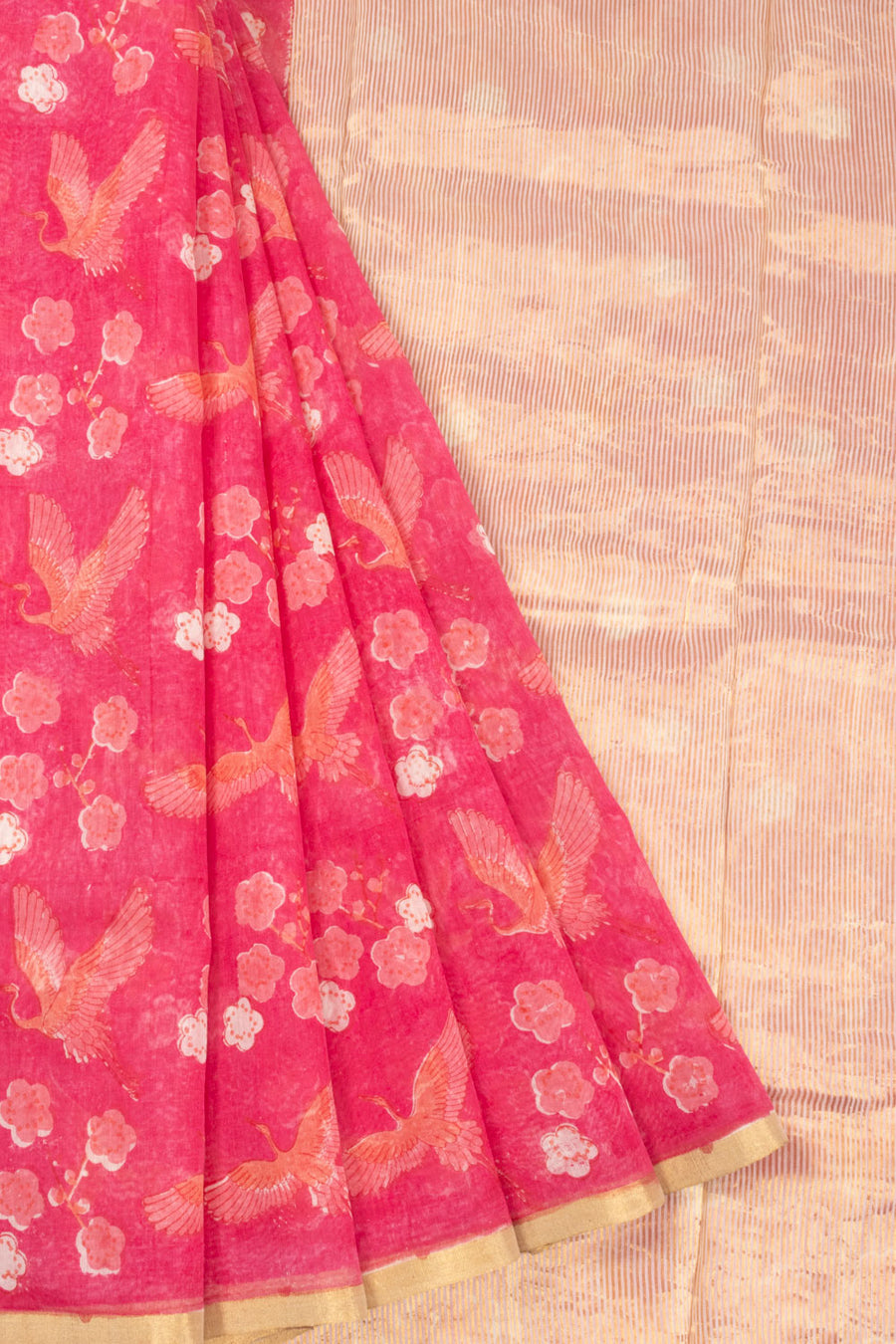 Pink Handloom Printed Chanderi Silk Cotton Saree