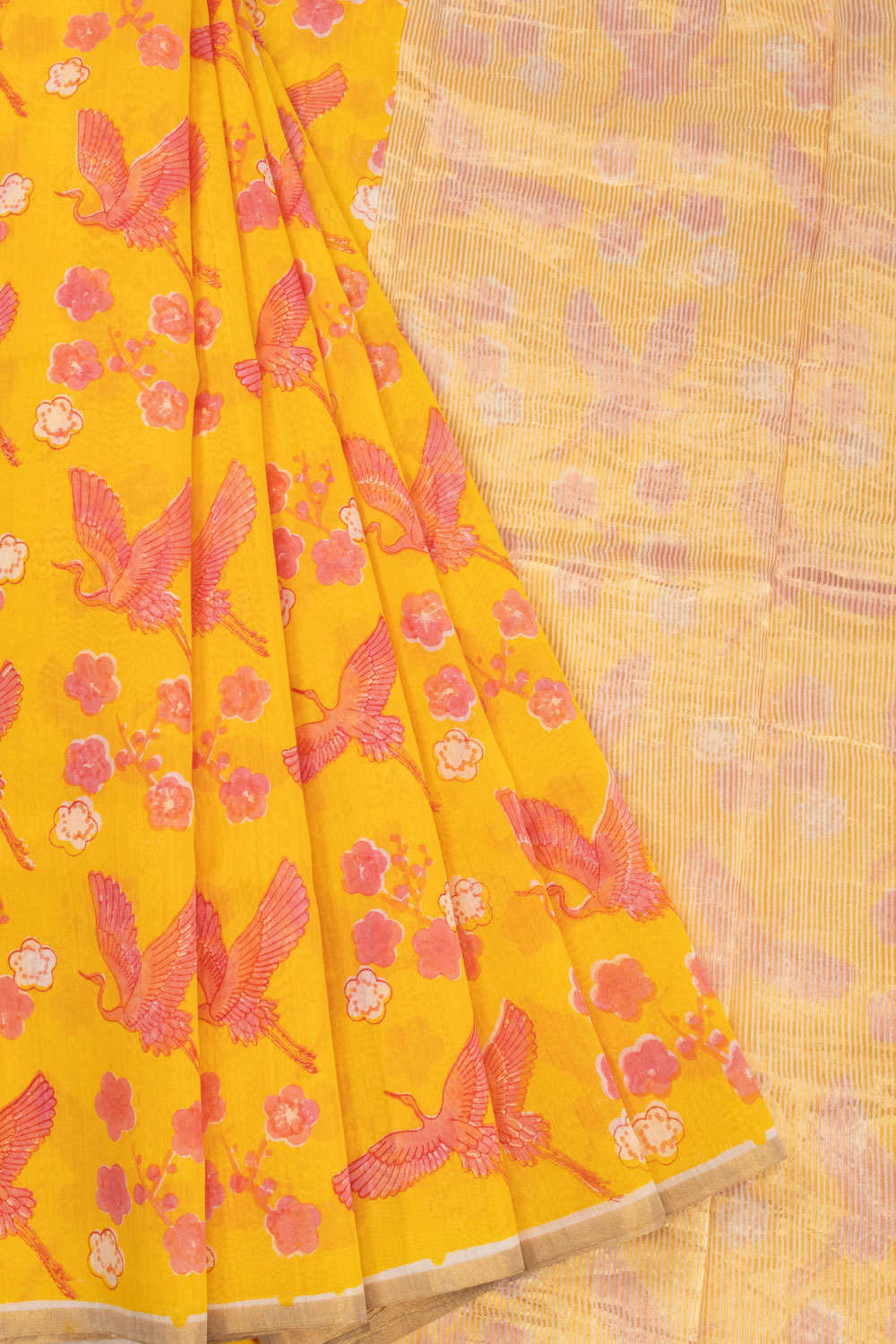 Yellow Handloom Printed Chanderi Silk Cotton Saree