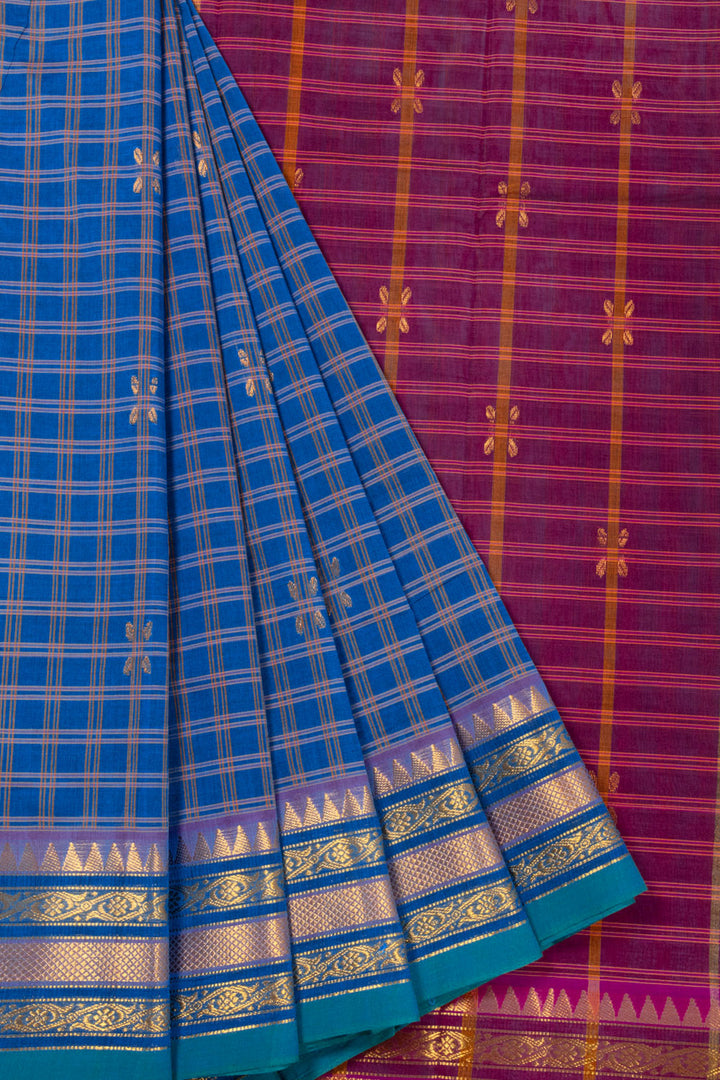 Blue Handloom Chettinad Cotton Saree Without Blouse 10072571