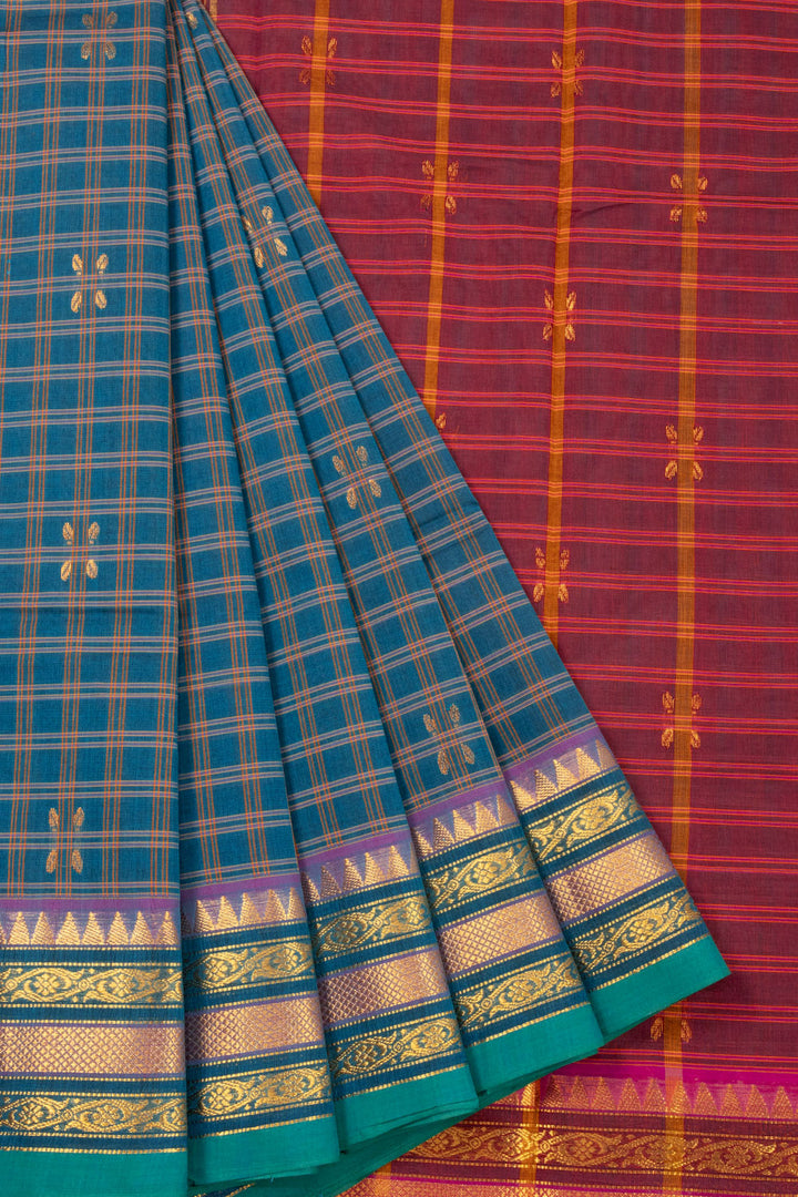 Blue Handloom Chettinad Cotton Saree Without Blouse 10072572