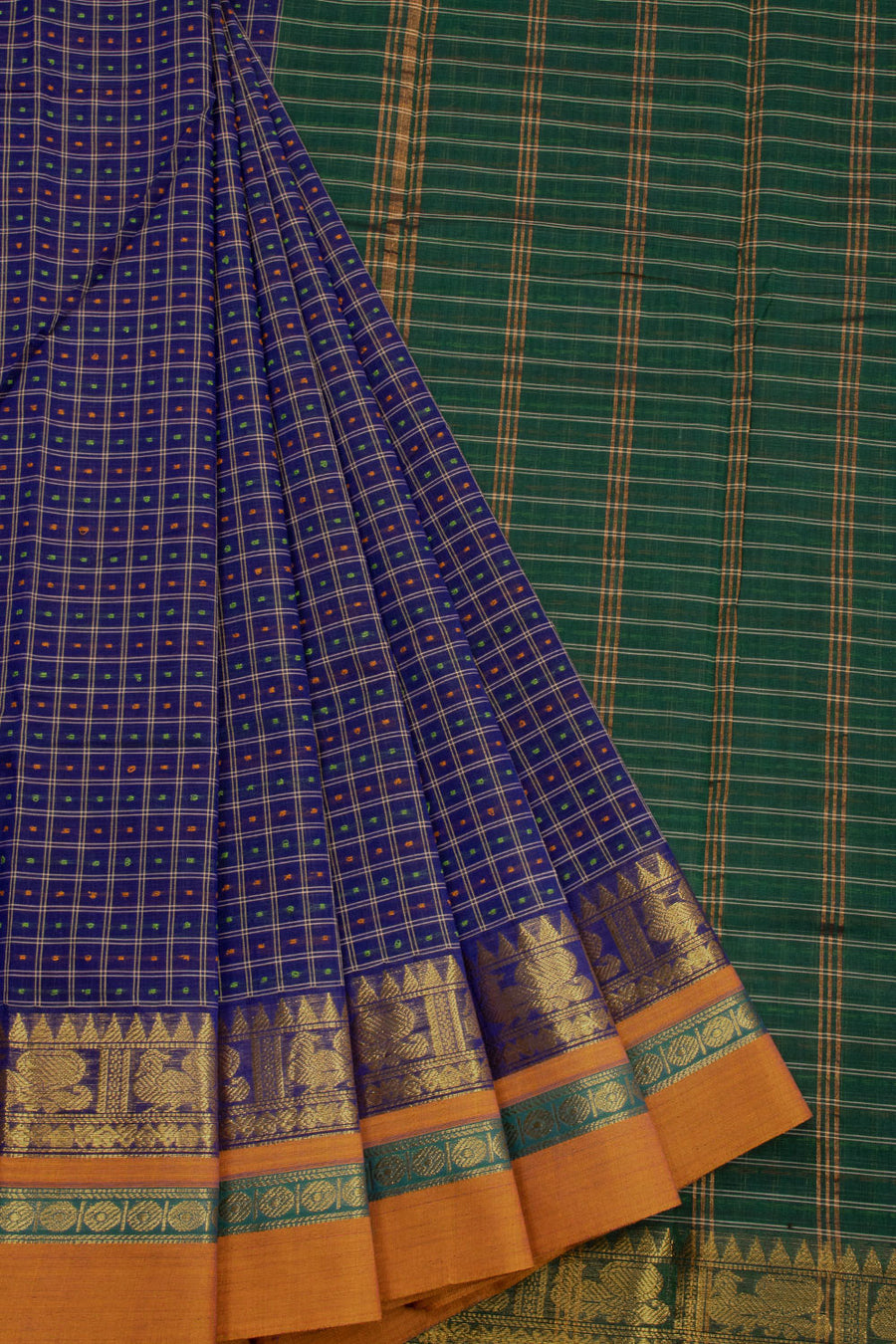 Blue Handloom Chettinad Cotton Saree Without Blouse 10072579