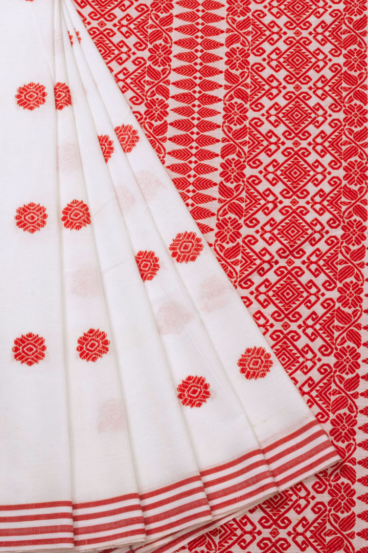 White Handloom Assam Cotton Saree - Avishya