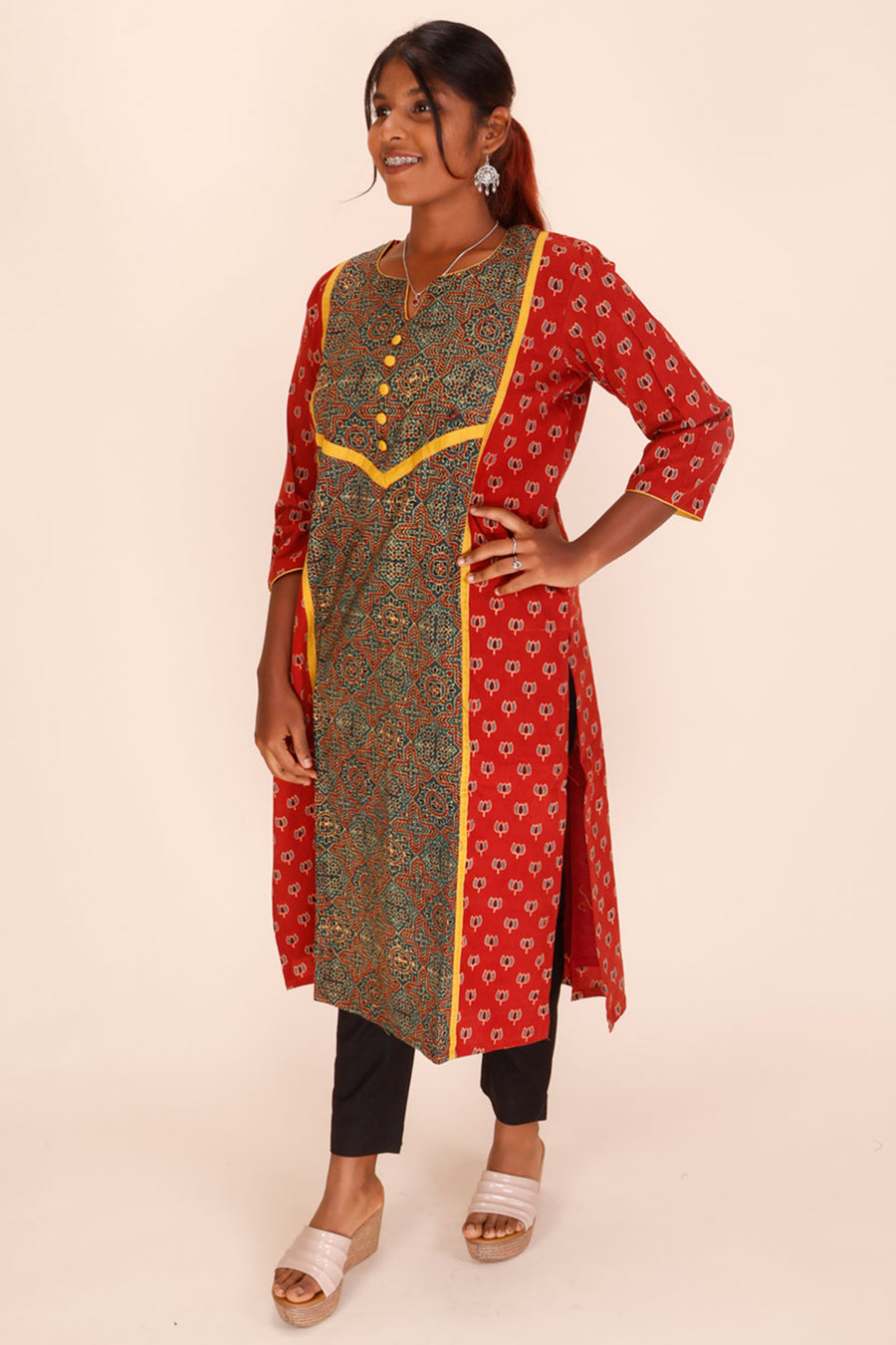 Red Ajrakh Printed Cotton Kurta 10067398