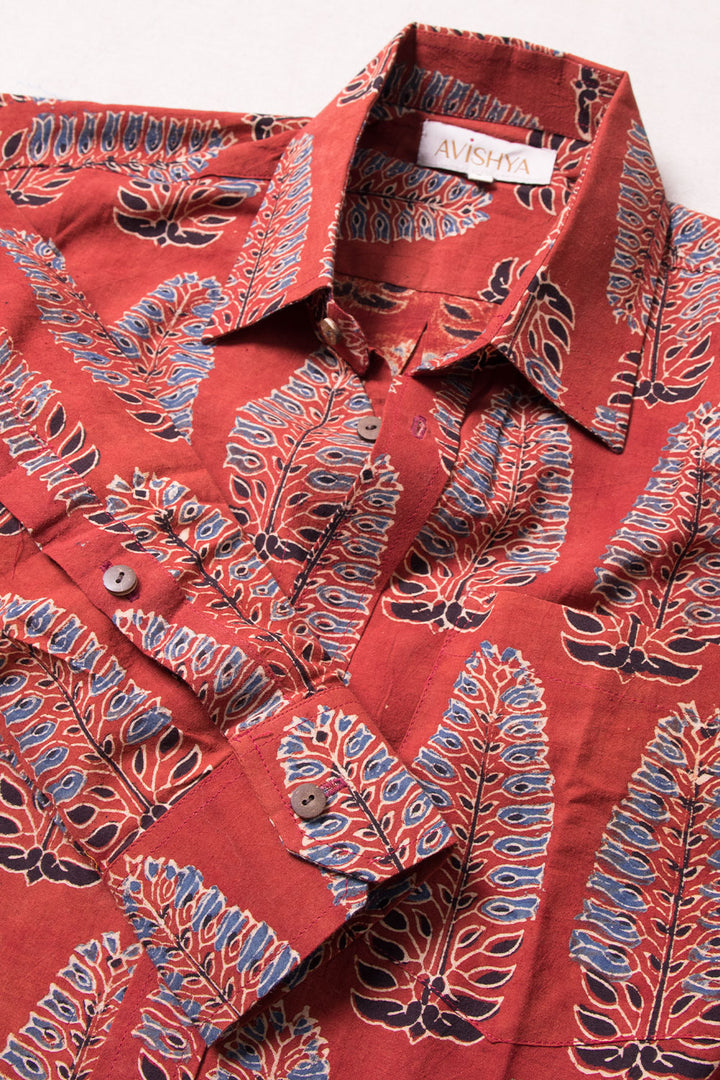 Red Full Sleeve Ajrakh Printed Cotton Mens Shirt