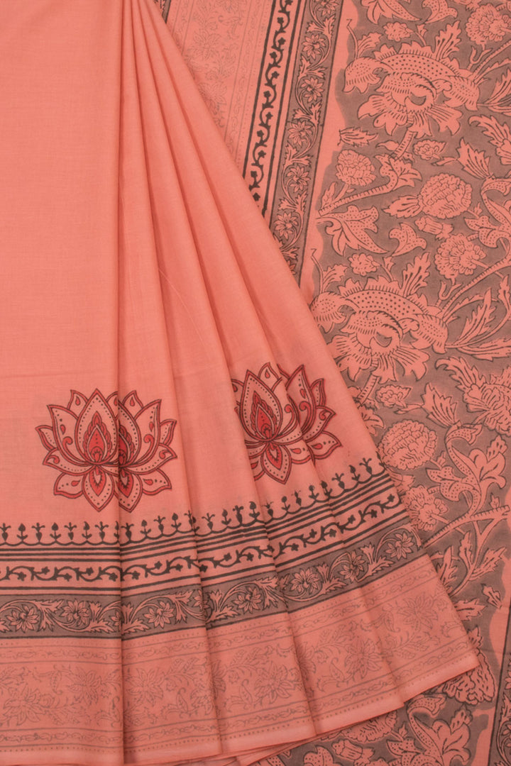 Pink Hand Block Printed Mulmul Cotton Saree - Avishya