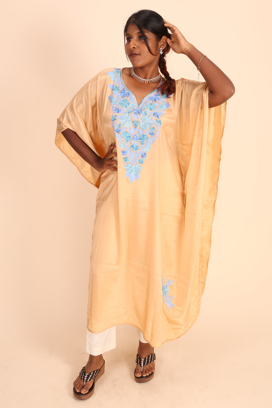 Beige Sozni Embroidered Crepe Silk Kaftan