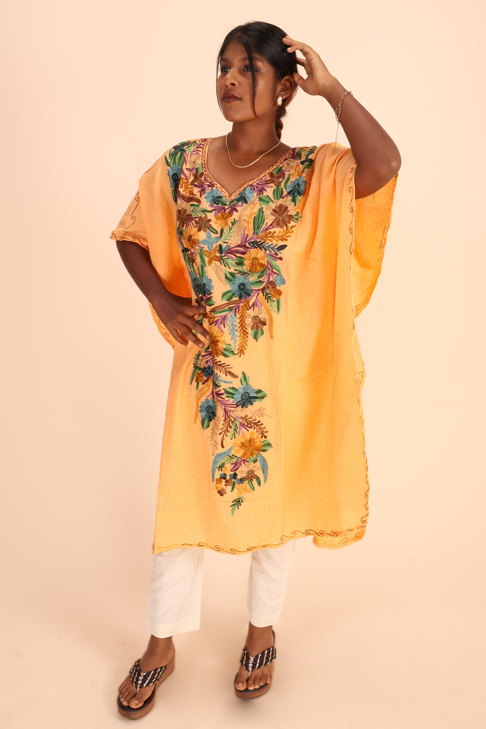  Canary Yellow Sozni Embroidered Cotton Kaftan 10070456