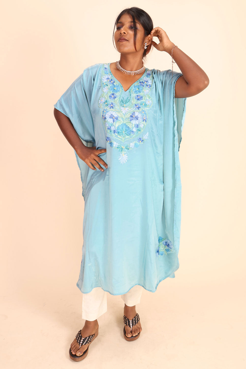 Blue Sozni Embroidered Crepe Silk Kaftan