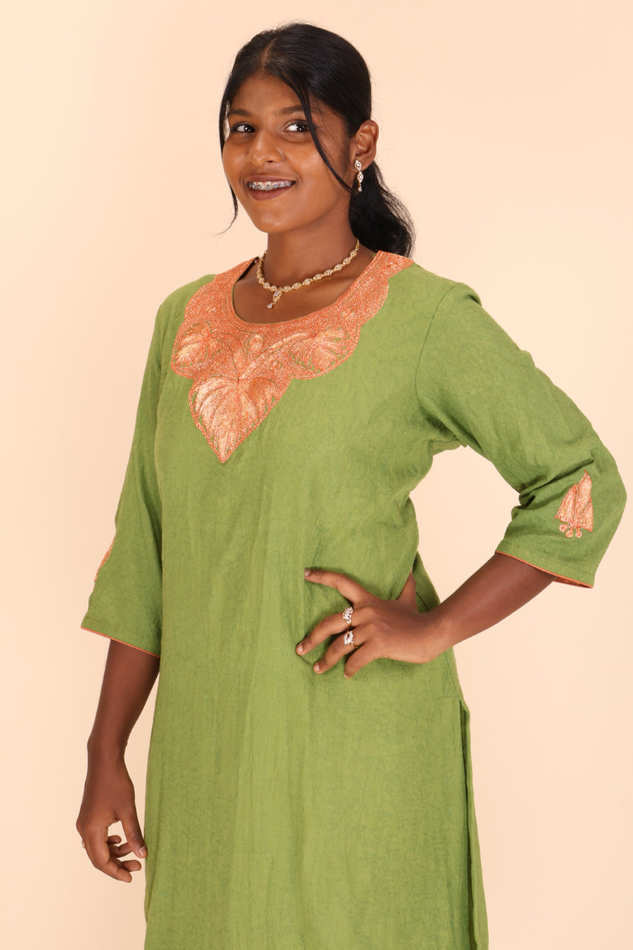 Green Tilla Embroidered Tussar Cotton Kurta 