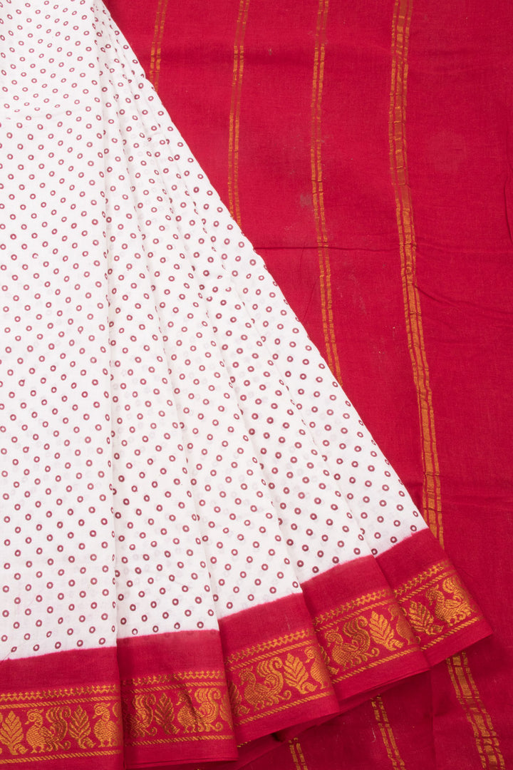 White Handcrafted Sungudi Cotton Saree