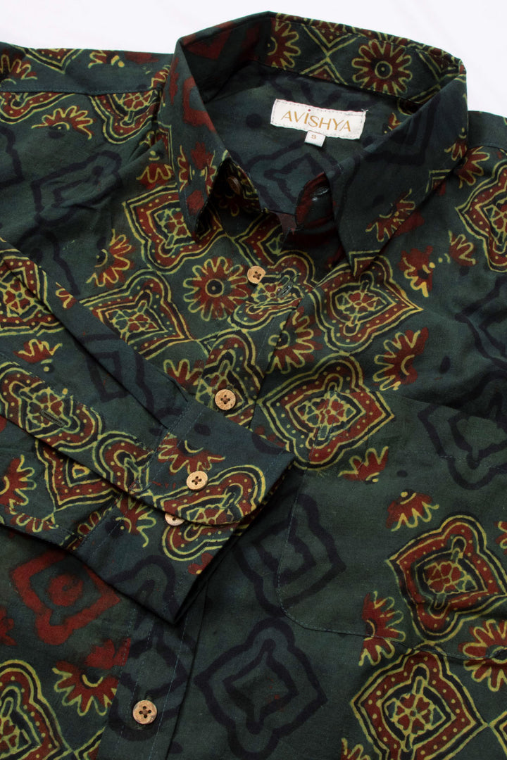 Green Full Sleeve Ajrakh Printed Cotton Mens Shirt 10073165