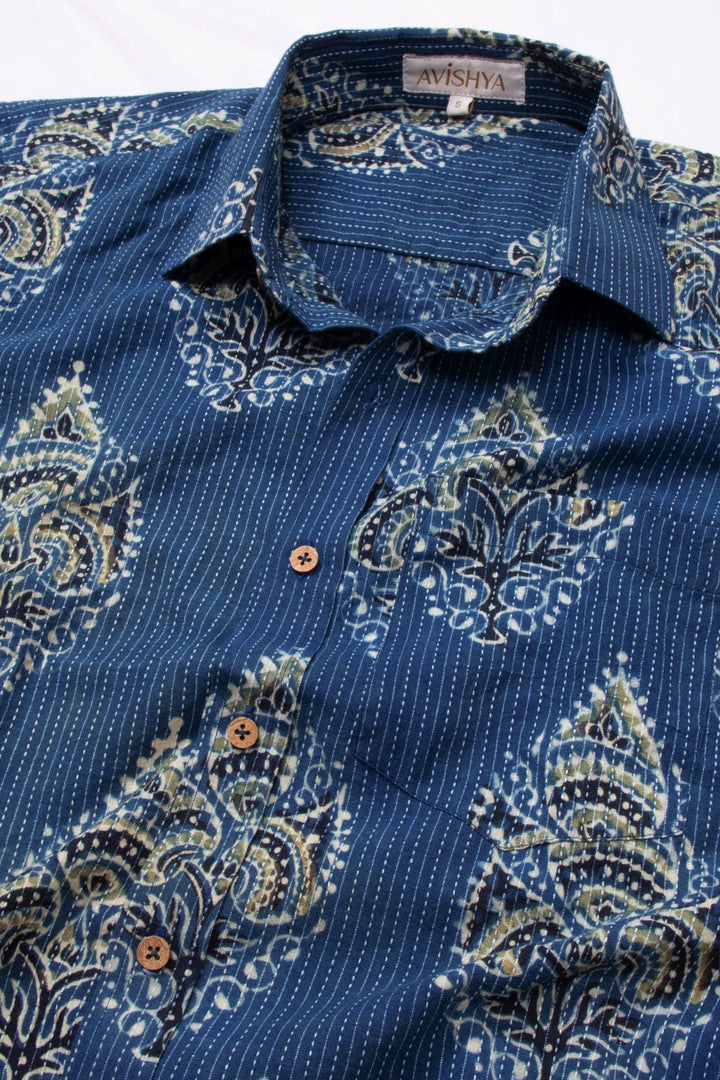 Blue Half Sleeve Ajrakh Printed Cotton Mens Shirt 10072987