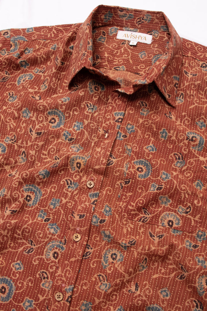 Brown Half Sleeve Ajrakh Printed Cotton Mens Shirt 10072988