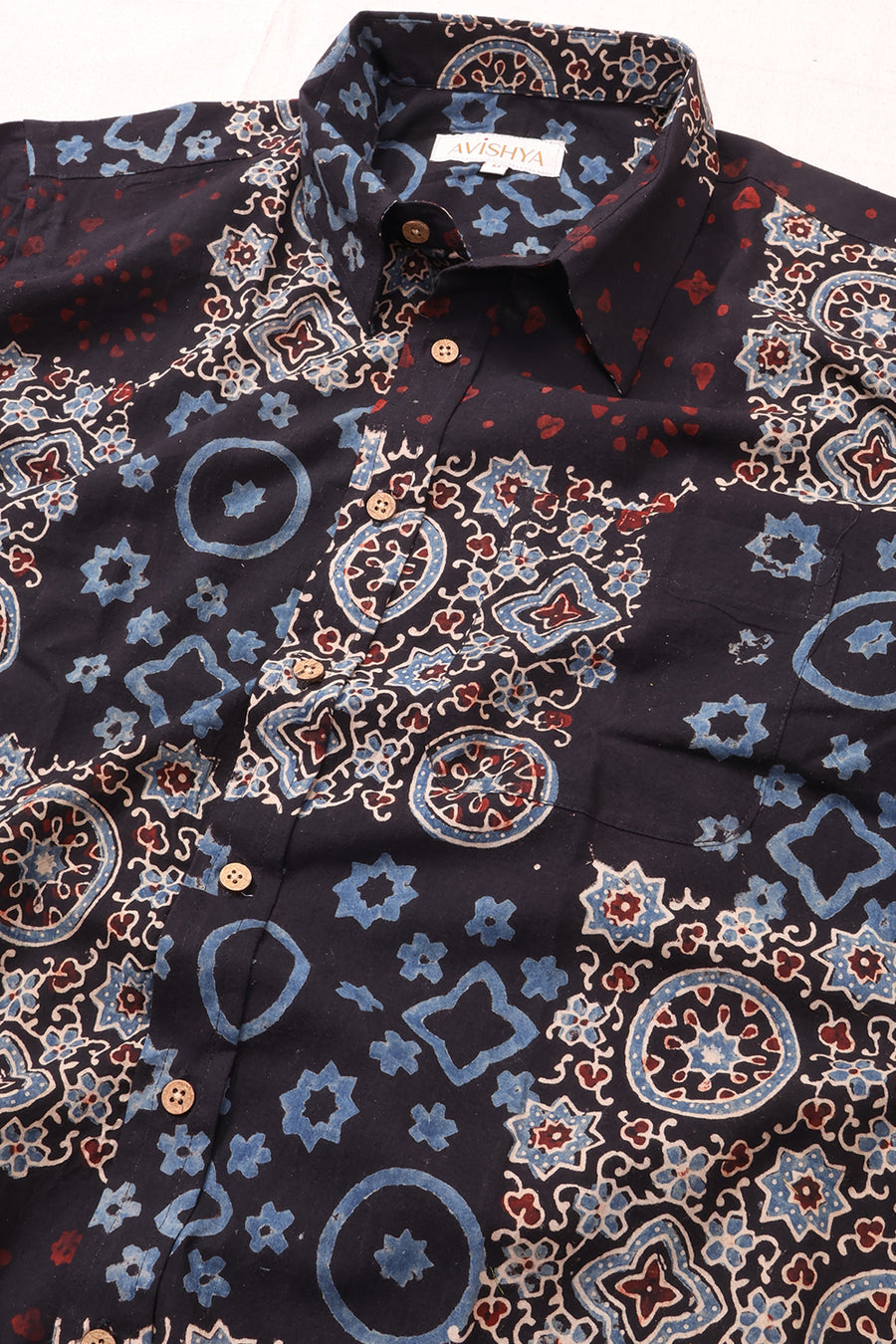 Black Half Sleeve Ajrakh Printed Cotton Mens Shirt 10072989