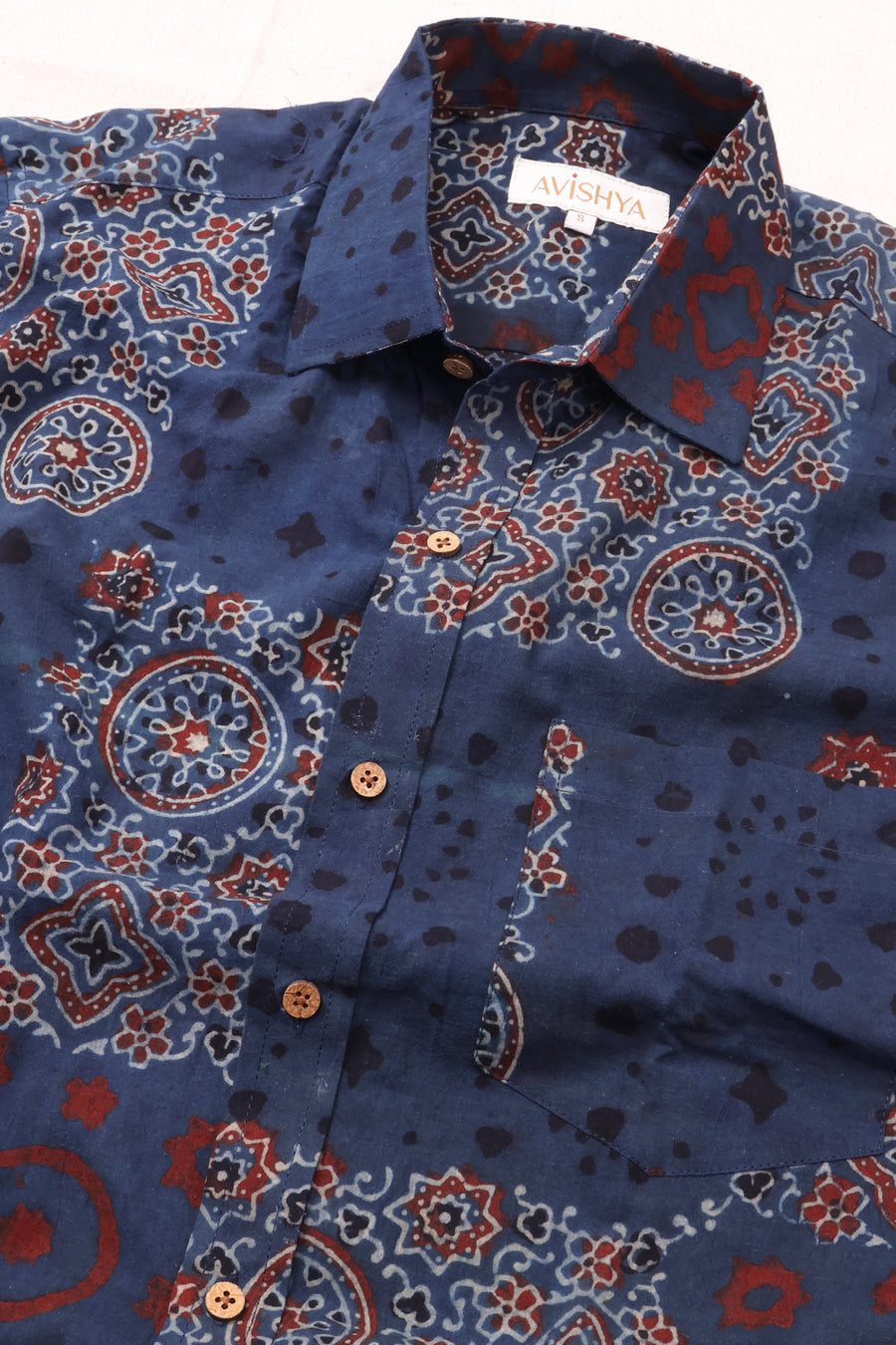 Blue Half Sleeve Ajrakh Printed Cotton Mens Shirt 10073050