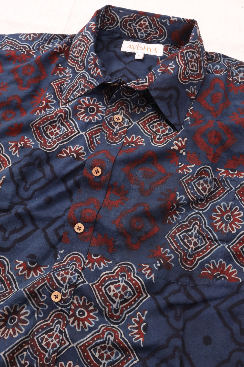 Blue Half Sleeve Ajrakh Printed Cotton Mens Shirt 10073051