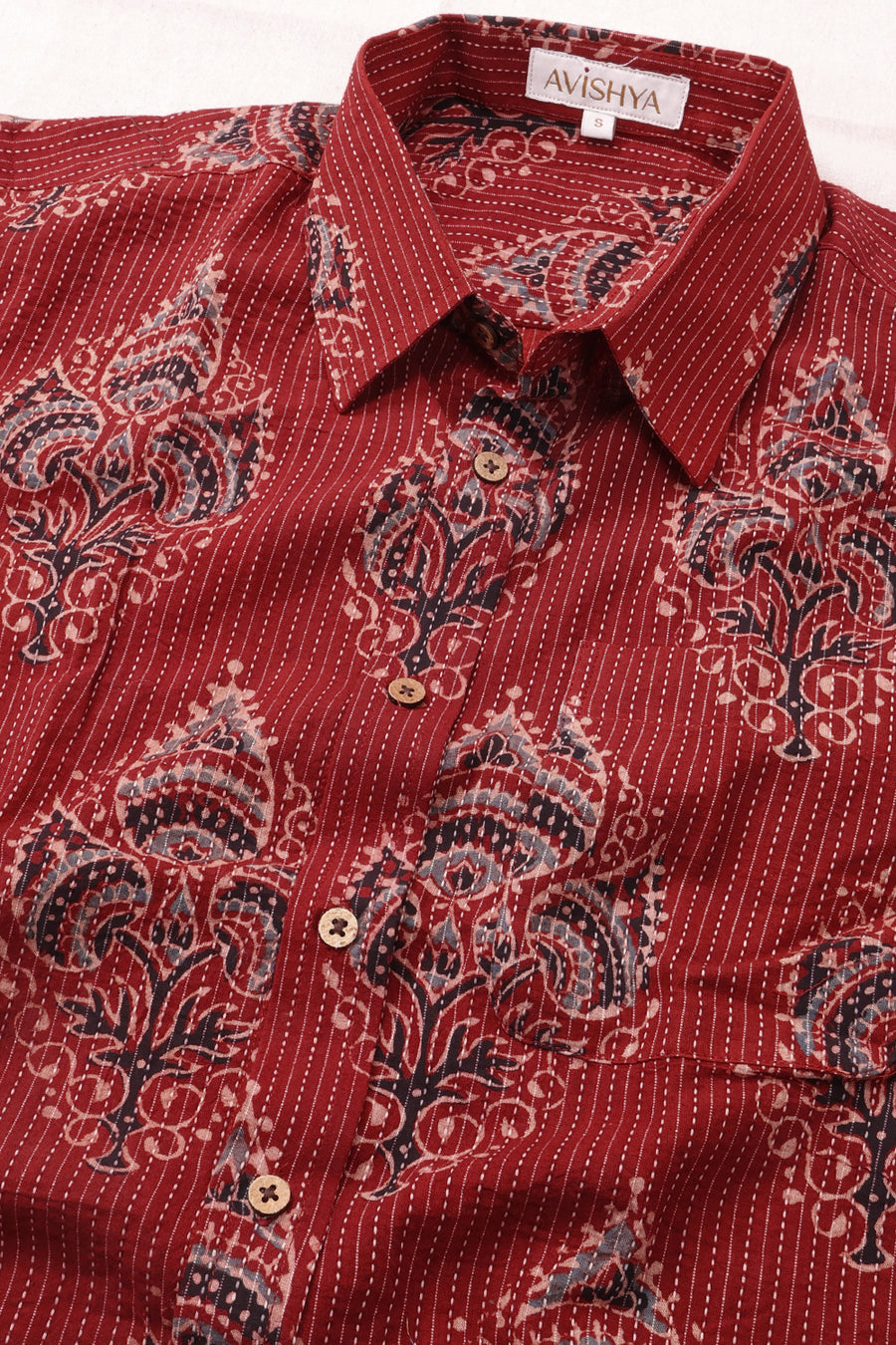 Red Half Sleeve Ajrakh Printed Cotton Mens Shirt 10073055