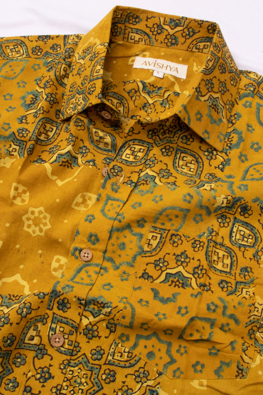 Yellow Half Sleeve Ajrakh Printed Cotton Mens Shirt 10073056