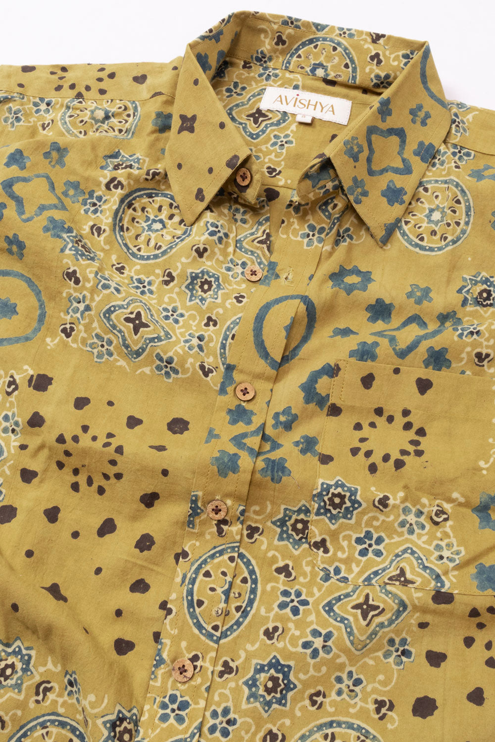 Yellow Half Sleeve Ajrakh Printed Cotton Mens Shirt 10073057