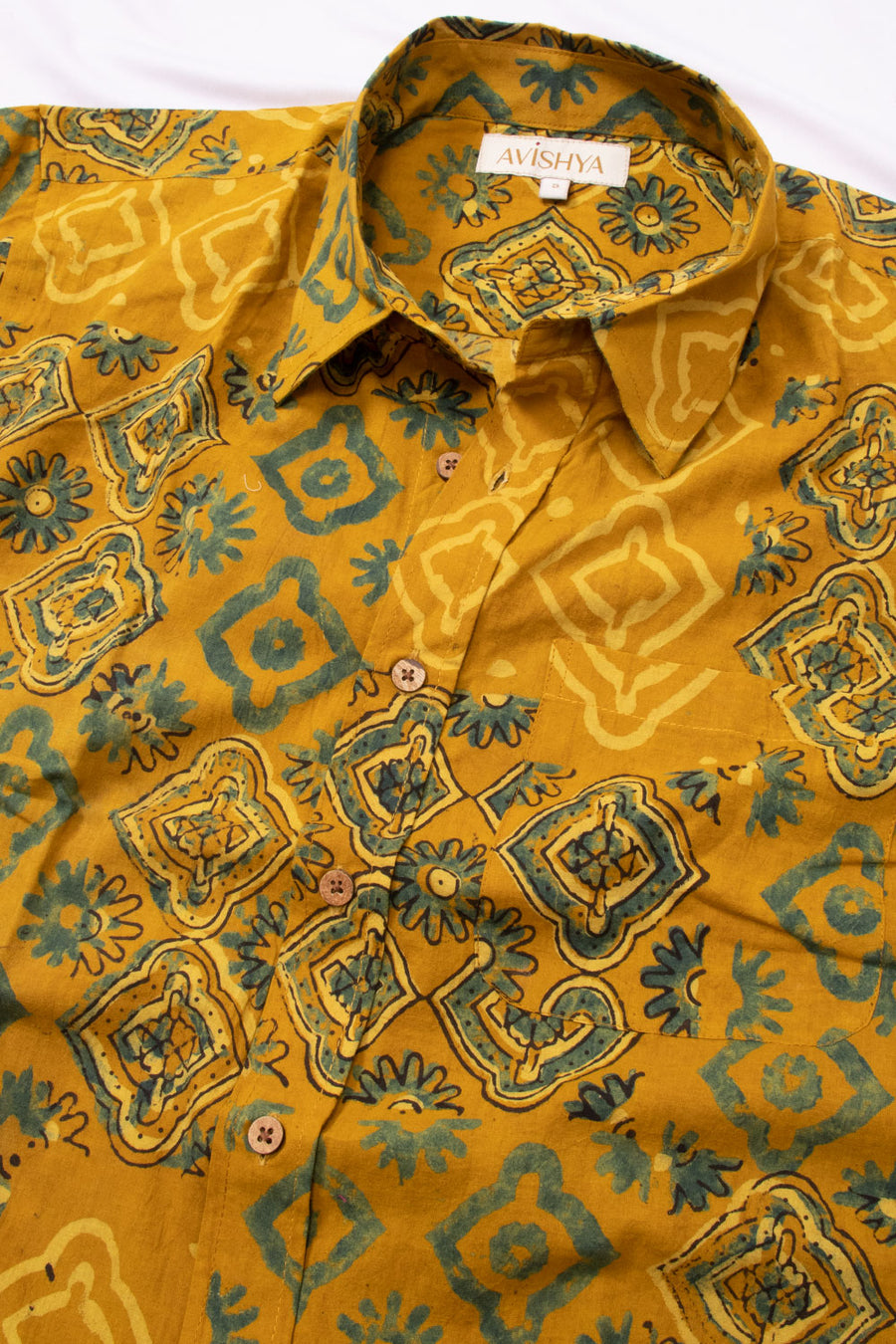 Yellow Half Sleeve Ajrakh Printed Cotton Mens Shirt 10073062