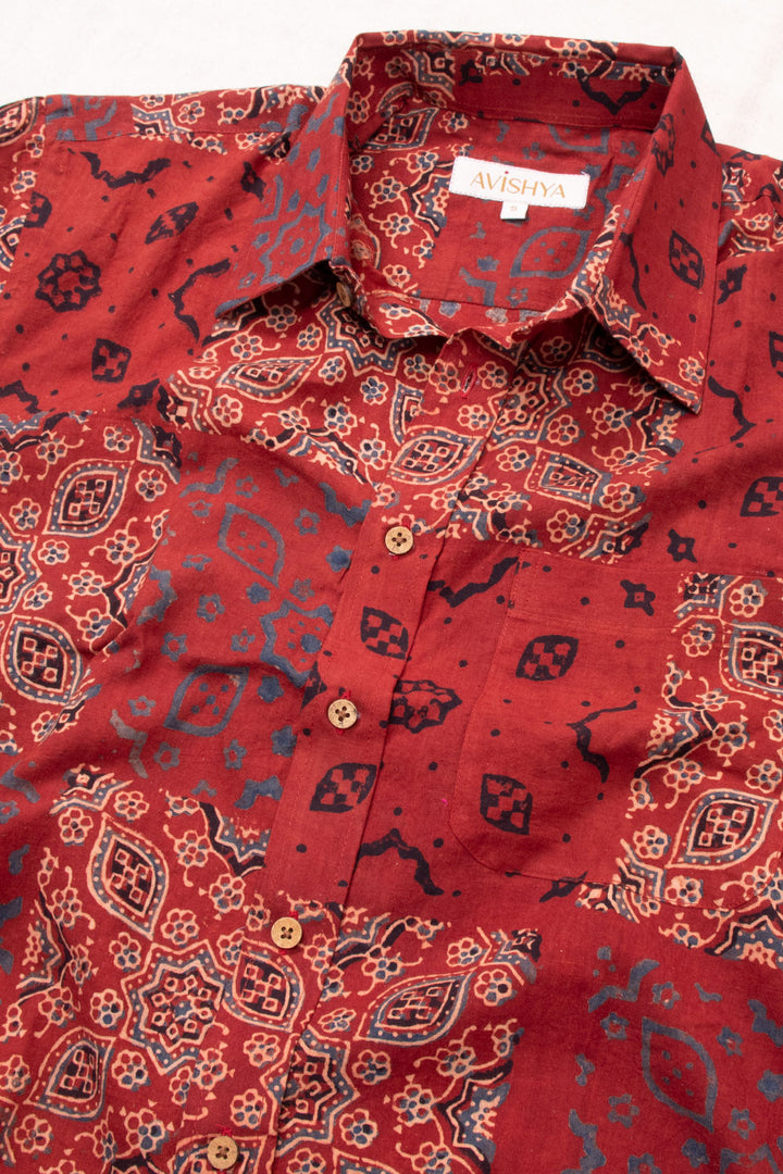 Red Half Sleeve Ajrakh Printed Cotton Mens Shirt 10073063