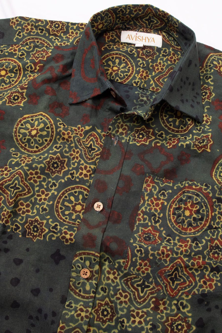 Green Half Sleeve Ajrakh Printed Cotton Mens Shirt 10073064