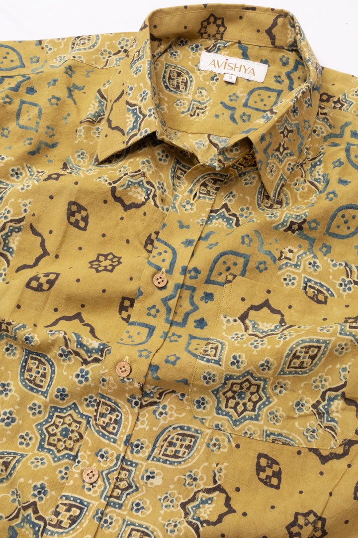 Yellow Half Sleeve Ajrakh Printed Cotton Mens Shirt 10073065