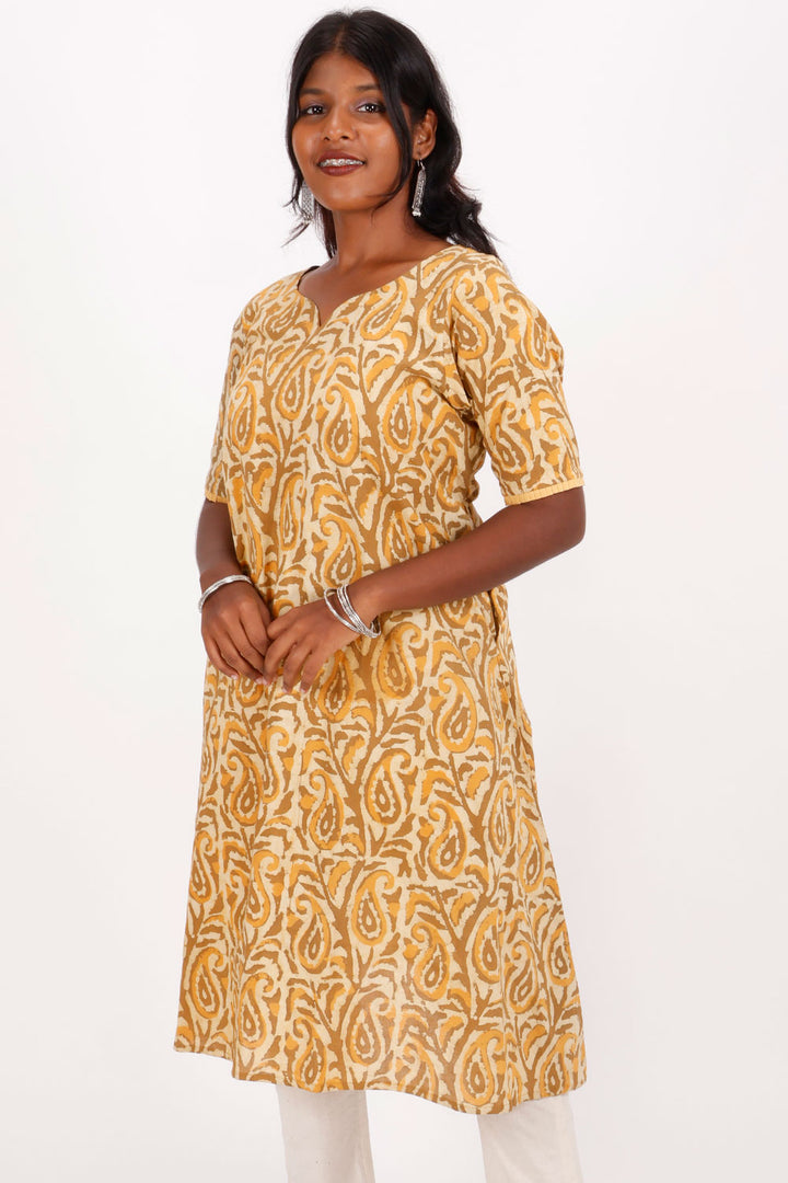 Yellow Hand Block Printed Cotton Kurta