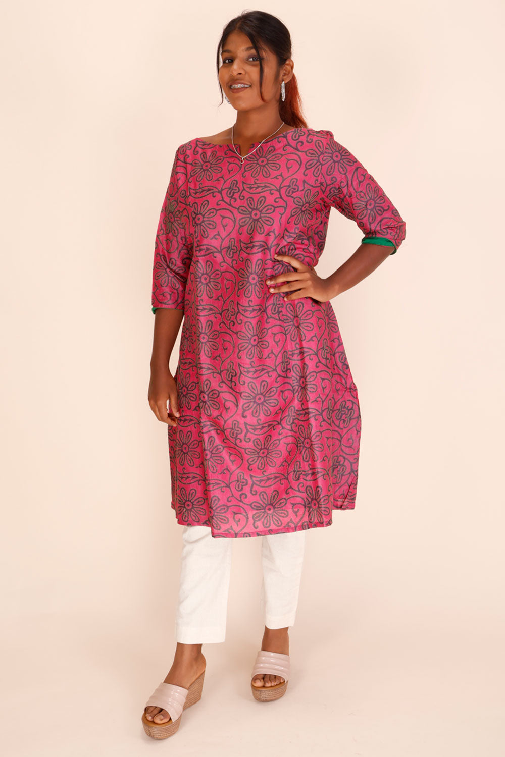 Pink Kantha Embroidered Tussar Silk Kurta 10064088