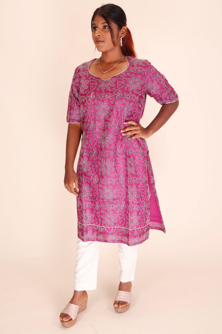  Pink Kantha Embroidered Tussar Silk Kurta 10064093