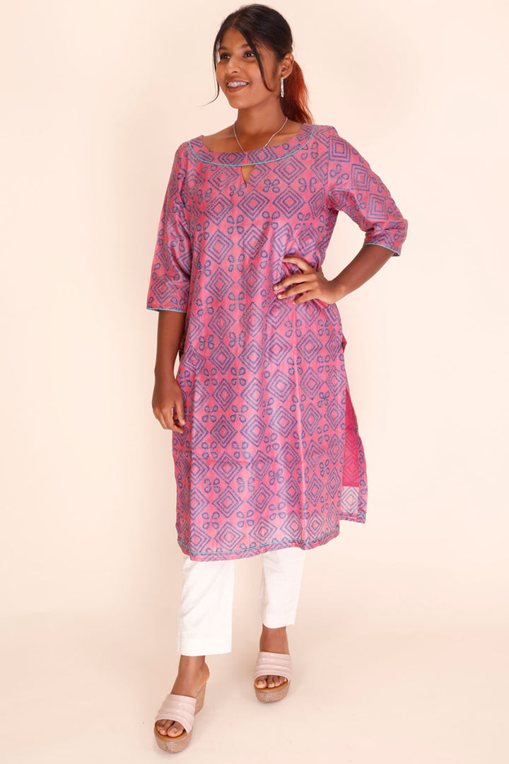 Pink Kantha Embroidered Tussar Silk Kurta 10064094