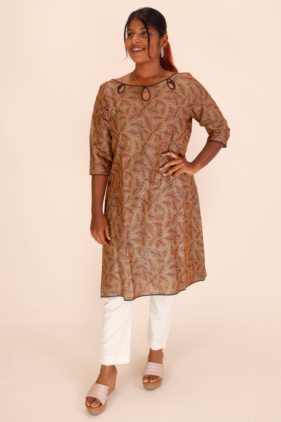 Light Brown  Kantha Embroidered Tussar Silk Kurta 10064096