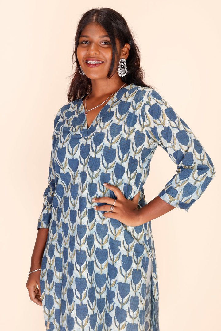 Blue Handblock Printed Vanaspati Cotton Kurta 