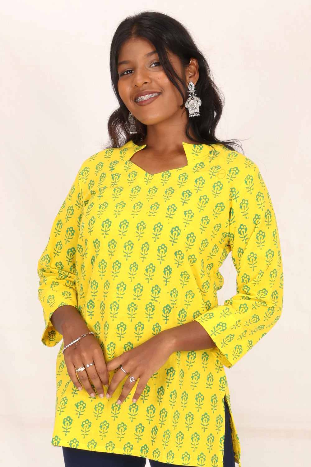 Yellow Gamthi Print Cotton Kurti