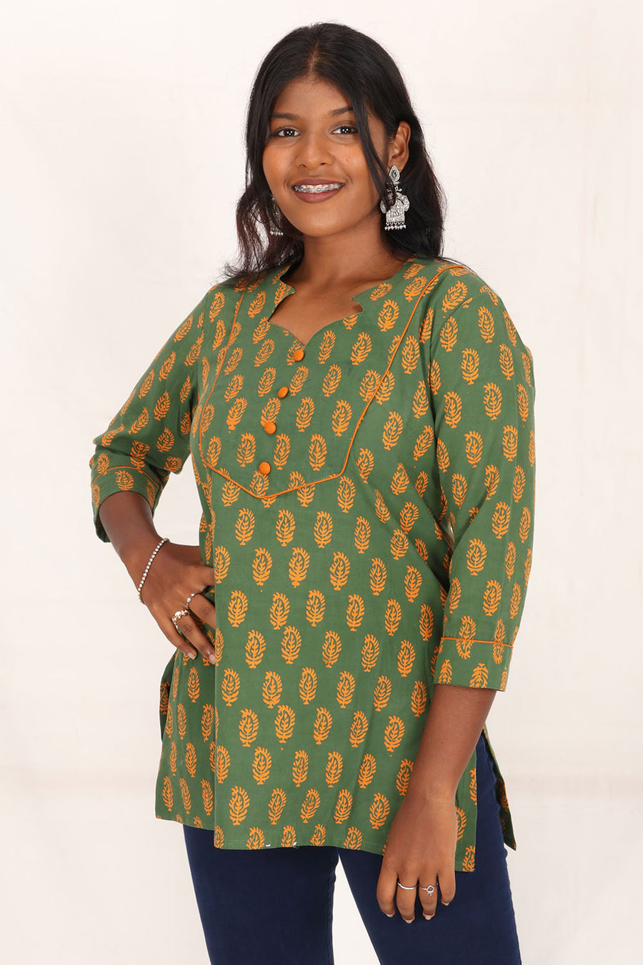 Green Gamthi Print Cotton Kurti