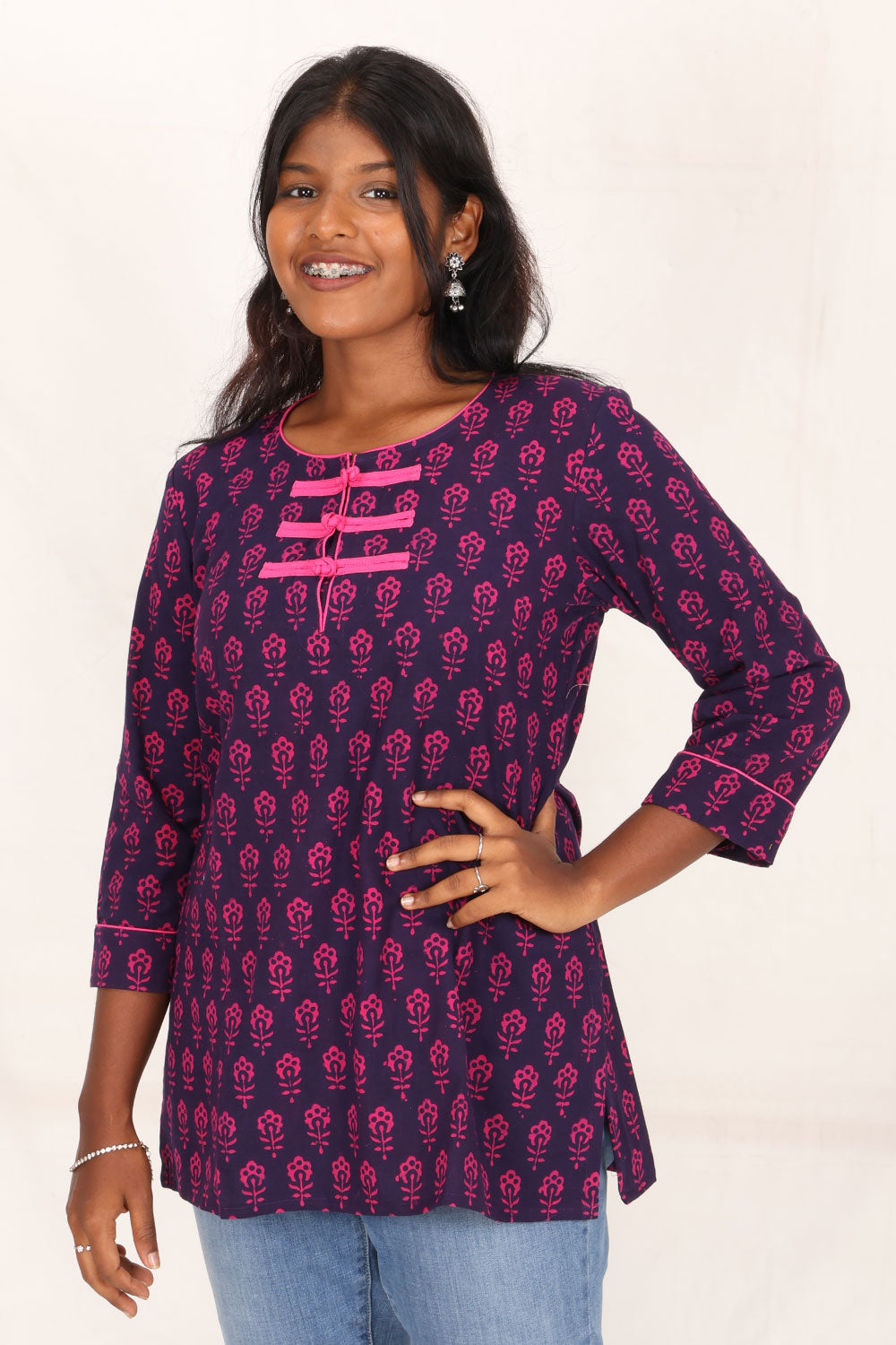 Purple Gamthi Print Cotton Kurti