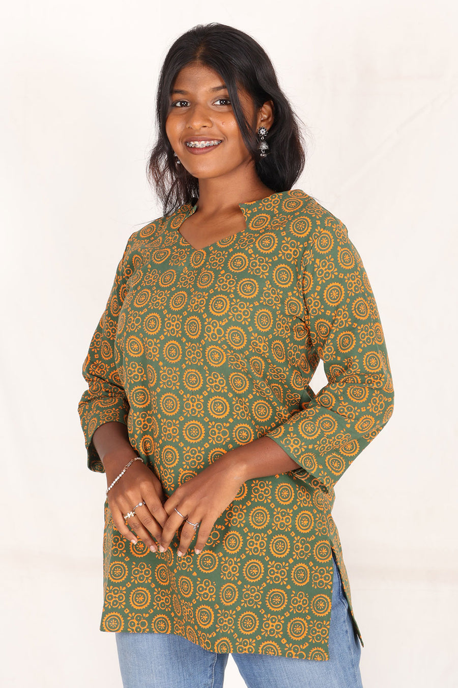 Green Gamthi Print Cotton Kurti