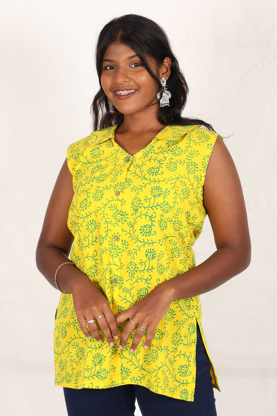 Yellow Gamthi Print Cotton Kurti 