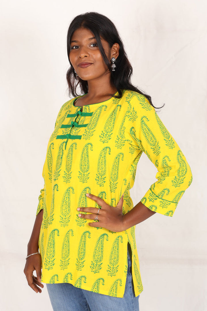 Yellow Gamthi Print Cotton Kurti 