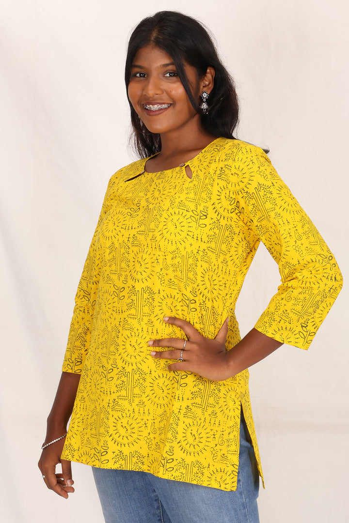 Yellow Gamthi Print Cotton Kurti 