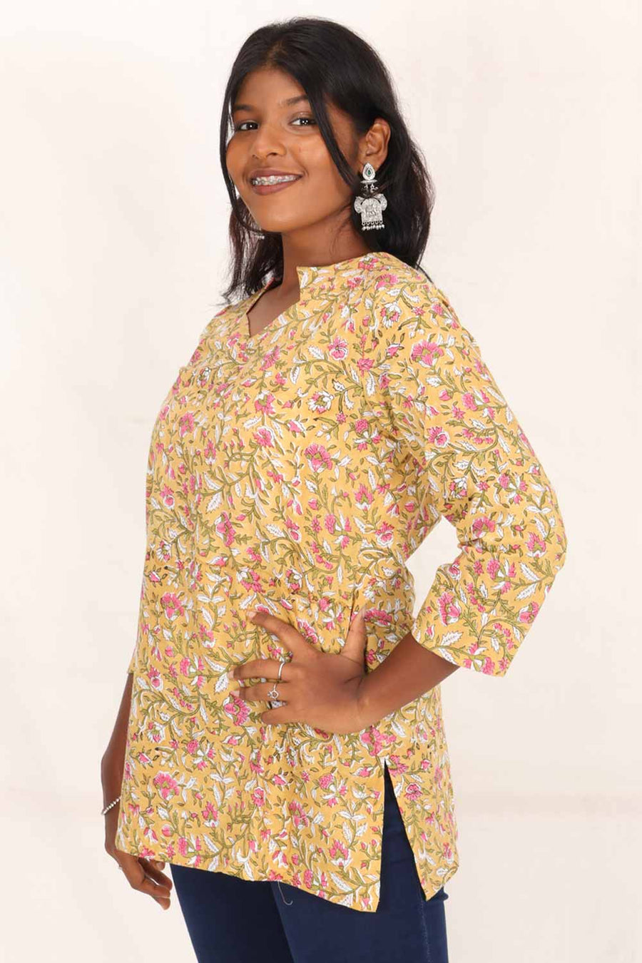 Yellow Hand Block Printed Cotton Kurti