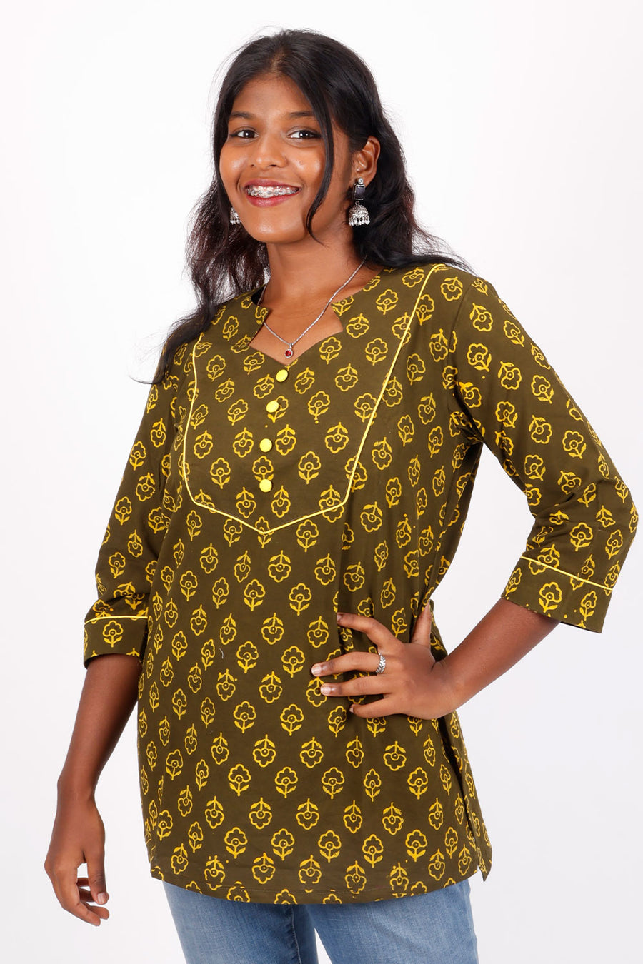 Brown Gamthi Print Cotton Kurti